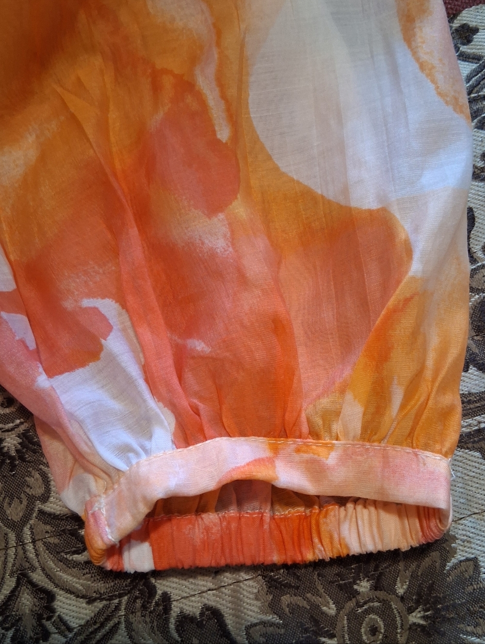 Chico's Orange Watercolor Button-Front Blouse Puff Sleeve Lightweight‎ Sz1(8) - Picture 10 of 12